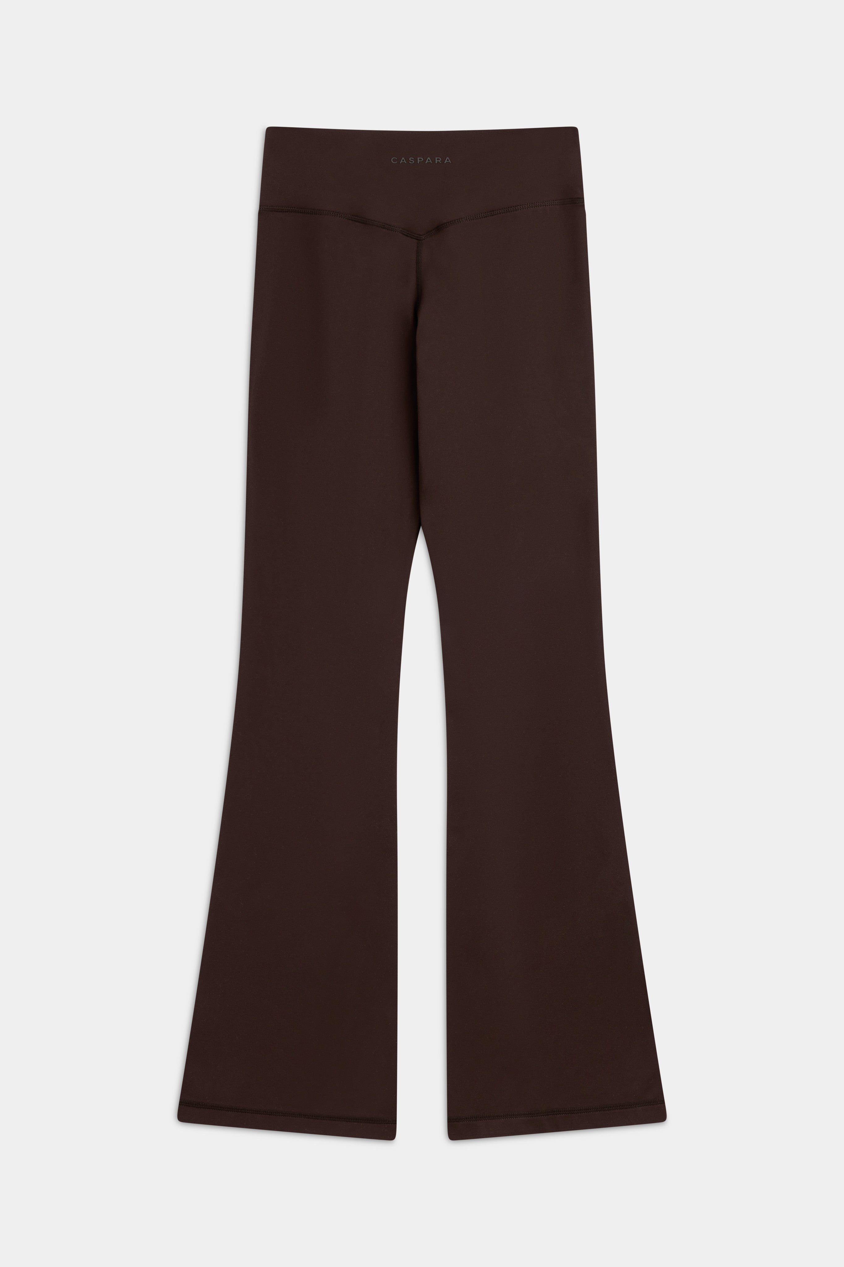 Back view of CASPARA Cloudform flared yoga pants in espresso brown.